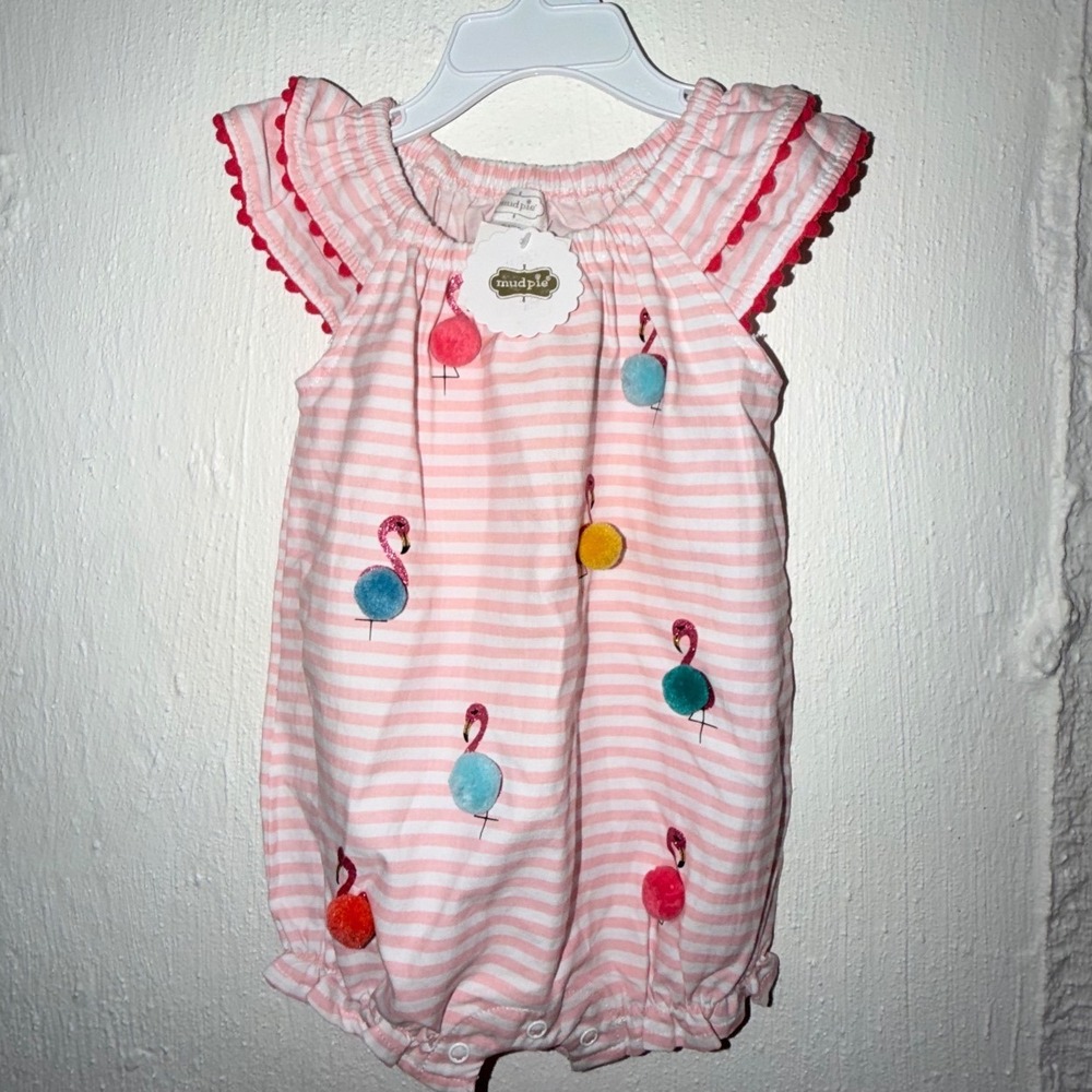 Mud Pie Flamingo Pom Bubble Romper Pink White Stripe 9-12 Months NWT 11030103-12